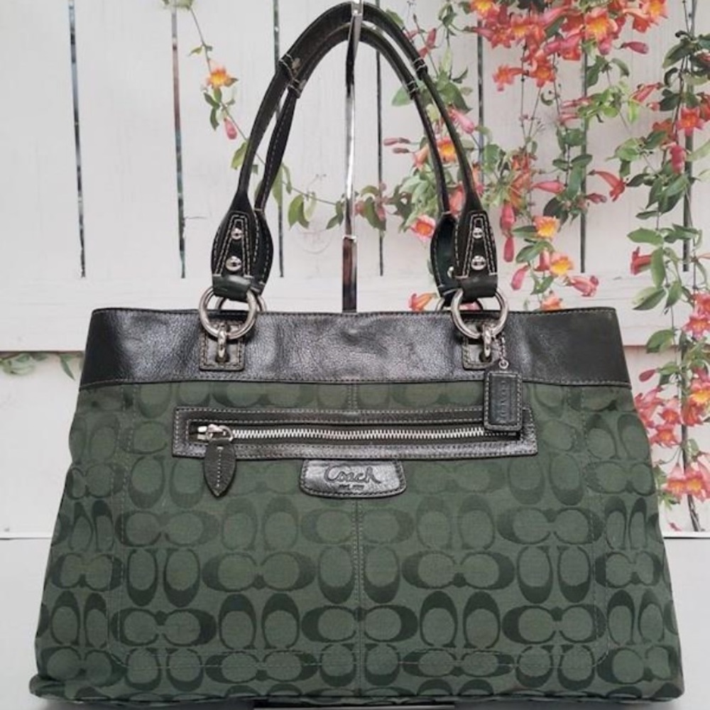 Coach Signature Tote in Dark Green with Black Trim